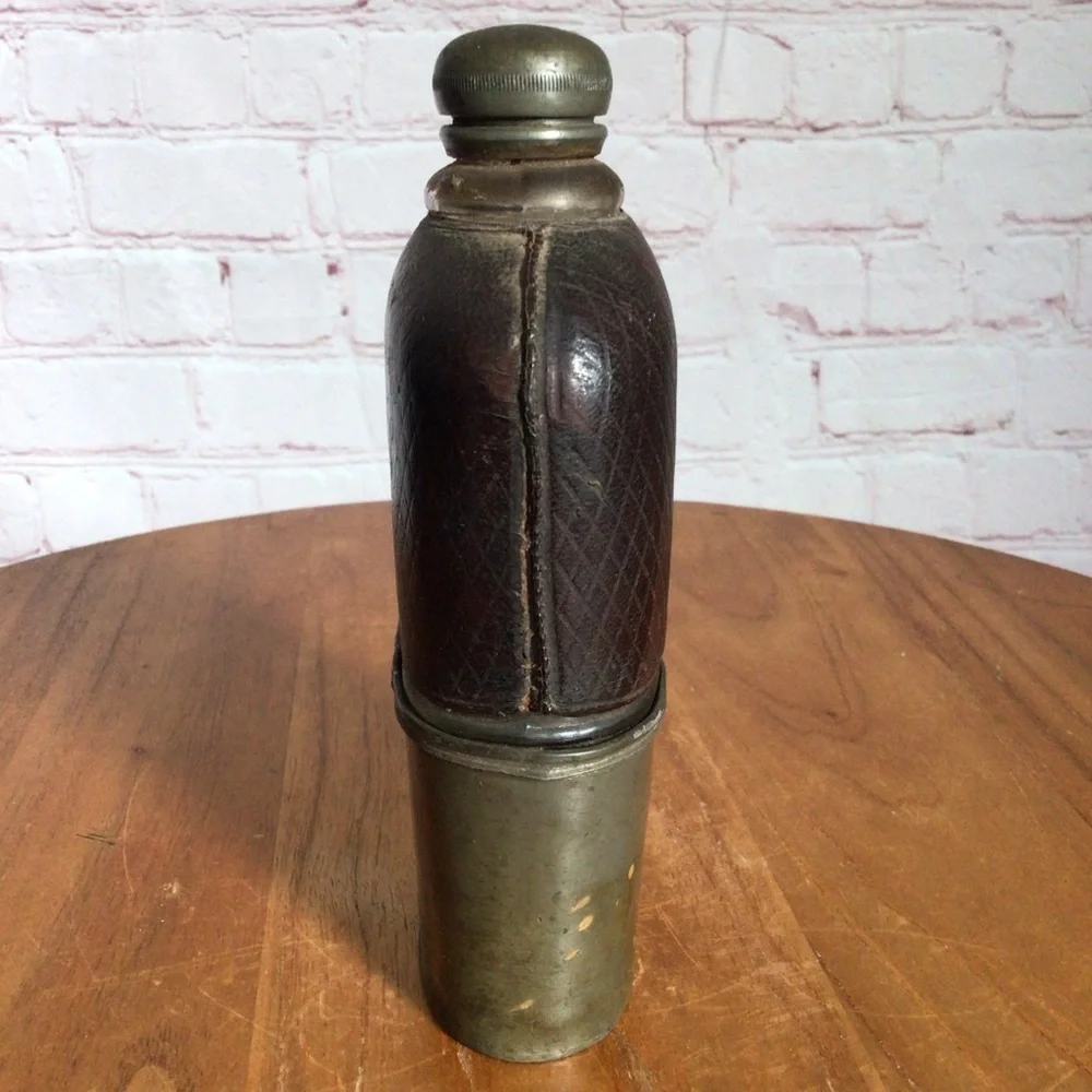 Antique 1860’s Civil War Era Leather Glass Pewter Hip Flask With Removable Cup
